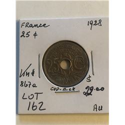 1928 France 25 Cents in AU High Grade KM 867A