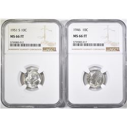 1946, 51-S ROOSEVELT DIMES NGC MS66 FT