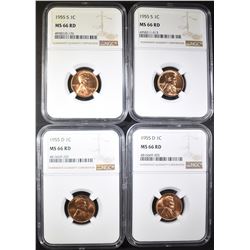 2-1955-D & 2-55-S LINCOLN CENTS, NGC MS-66 RED