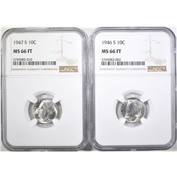 1946-S & 47-S ROOSEVELT DIMES, NGC MS-66 FT