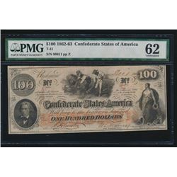 1862-63 $100 Confederate States of America Note PMG 62