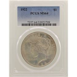 1922 $1 Peace Silver Dollar Coin PCGS MS64