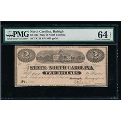1863 $2 North Carolina Obsolete Note PMG 64EPQ