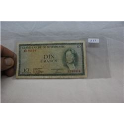 Grand Duche De Luxembourg 10 Franc Note