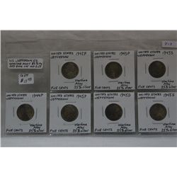 Lot of 7 U.S.A. Wartime Five Cent Coins