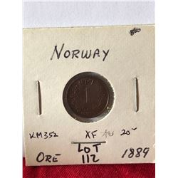 1889 Norway 1 Ore Coin in Extra Fine Grade