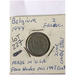 1944 WWII Belgium 2 Francs