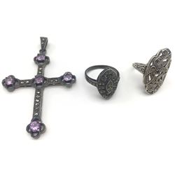 2-ANTIQUE STERLING RINGS & (1)CROSS PENDANT