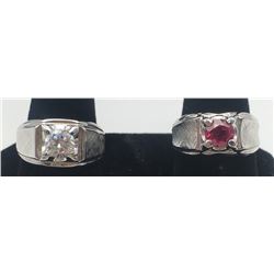 2-STERLING MEN'S RINGS WITH CLEAR/RED STONE