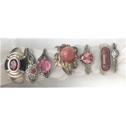 7-STERLING RINGS WITH PINK/RED STONE ACCENTS