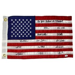 1980 Team USA "Miracle on Ice" Team-Signed American Flag Signed by (13) with Mike Eruzione, Bill Bak