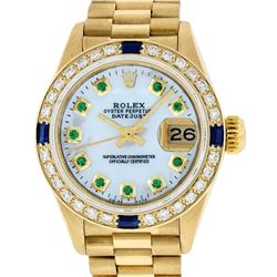 Rolex Ladies 18K Yellow Gold MOP Emerald & Sapphire President Wristwatch With Ro