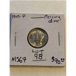 1945 P Silver Mercury Dime MS 67 High Grade