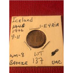 Rare 1946 Iceland 1 Eyria in UNC High Grade