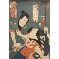 Toyokuni III -  2 Kabuki Actors  Japanese Woodblock Print