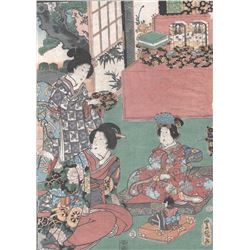 KUNISADA KABUKI SCENE - GENJI , OBAN TATE-E TRIPTYCH