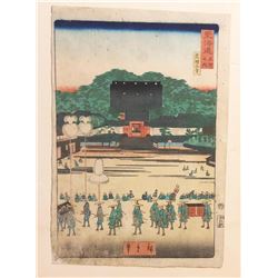 Hiroshige II - "Samurai Warriors Gathering Scene" Japanese Woodblock Print