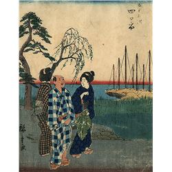 Hiroshige - "Two Women Conversing w/ a Man"