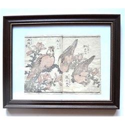 HOKUSAI  THREE BIRDS ON A BRANCH FRAMED WOODBLOCK PRINT