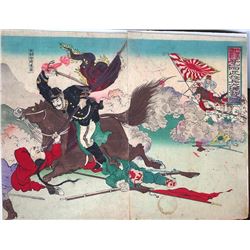 Meiji Era Artist (two piece from a triptych) - "Battle Scene" - Japanese Woodblock Print