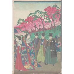 Meiji Era Artist (unsigned) - "Gathering" - Japanese Woodblock Print