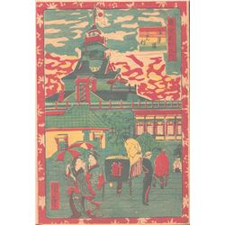 Meiji Era Artist - "Gathering Outside Temple" Japanese Woodblock Print