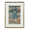 Image 1 : Ochiai Yoshiiku- "A Figure On a Bridge" JAPANESE WOODBLOCK BRIDGE (FRAMED)