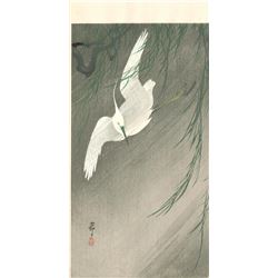 Ohara Koson- White Egret in Flight with Willow Tree