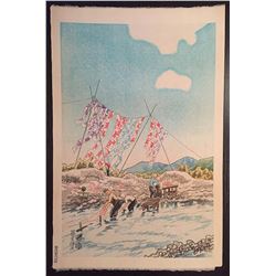 Eiichi Kotozuka Midcentury Japanese Woodblock "Drying Yuzen at Katsura River"