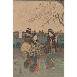 HIROSHIGE (1797-1858) JAPANESE WOODBLOCK PRINT- THREE WOMEN CONVERSING