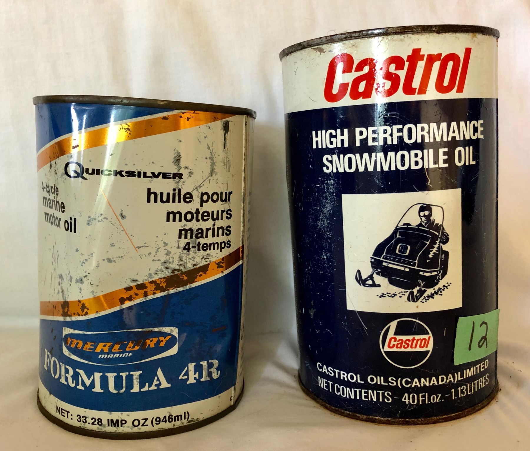 GR OF 2, MERCURY QUICKSILVER MARINE OIL TIN 33.28 OZ FULL. CASTROL