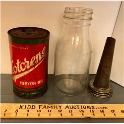 GR OF 2, MOTORENE CAN & GLASS OIL BOTTLE WITH SPOUT