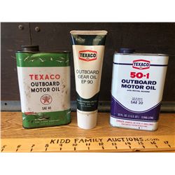 GR OF 3, TEXACO 50-1 OUTBOARD OIL CAN - FULL. OUTBOARD GEAR OIL TUBE. OUTBOARD MOTOR OIL.