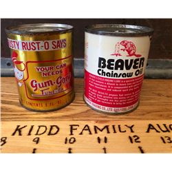 GR OF 2, BEAVER CHAIN SAW CAN & TRUSTY RUSTY ENGINE TREATMENT CAN - 8 OZ SIZE