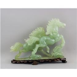 Chinese Green Jade Carved Horses Statue with Stand