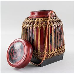 Asian Lacquer Wood Jar with Bamboo Basket