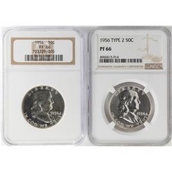 Lot of (2) 1956 Type 2 Proof Franklin Half Dollar Coins NGC PF66