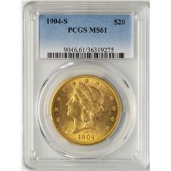 1904-S $20 Liberty Head Double Eagle Gold Coin PCGS MS61