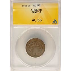 1865 Fancy 5 Two Cent Piece Coin ANACS AU55