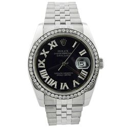 Rolex Datejust Stainless Steel 36mm Black Roman Diamond Dial Watch