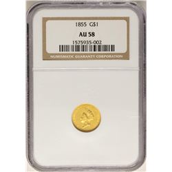 1855 $1 Indian Princess Head Gold Dollar Coin NGC AU58