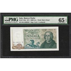 1971 Banca d'Italia Italy 5000 Lire Note Pick# 102a PMG Gem Uncirculated 65EPQ