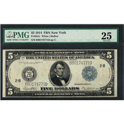 1914 $5 Federal Reserve Note New York Fr.851c PMG Very Fine 25