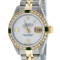 Rolex Ladies Two Tone 14K MOP Diamond & Emerald Datejust Wriswatch