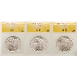 Lot of (3) 1923 $1 Peace Silver Dollar Coins ANACS MS64