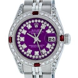 Rolex Ladies Stainless Steel 26MM Purple String Diamond & Ruby Datejust Wristwat