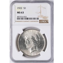 1922 $1 Peace Silver Dollar Coin NGC MS63