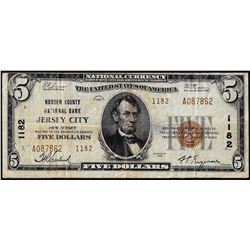 1929 $5 Hudson County NB Jersey City, NJ CH# 1182 National Currency Note