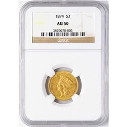 1874 $3 Indian Princess Head Gold Coin NGC AU50