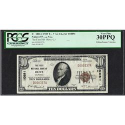 1929 $10 First NB of Olive, CA CH# 10891 National Currency Note PCGS Very Fine 3